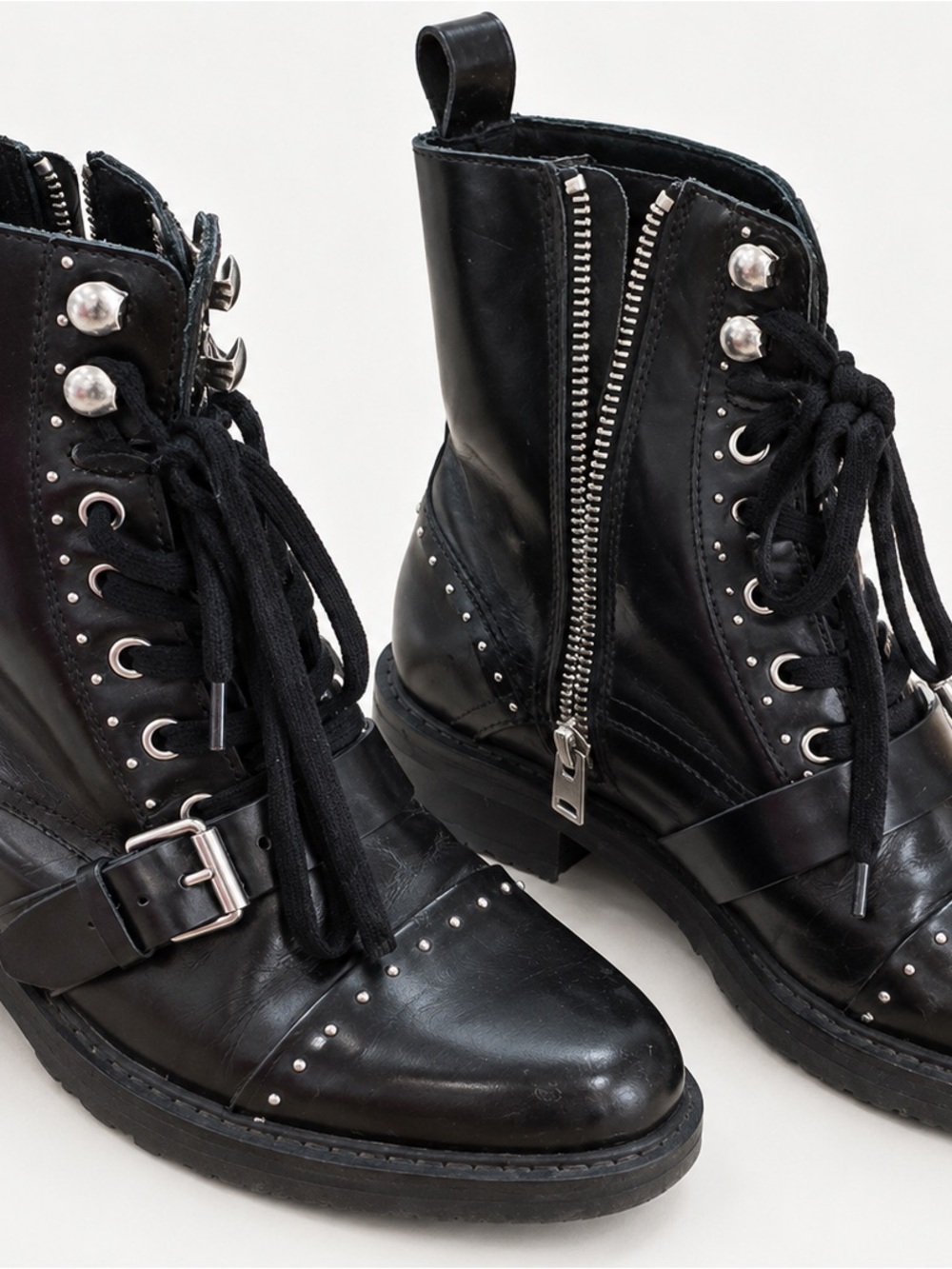 AllSaints Black Studded Lace-Up Combat Boots with Side Zipper